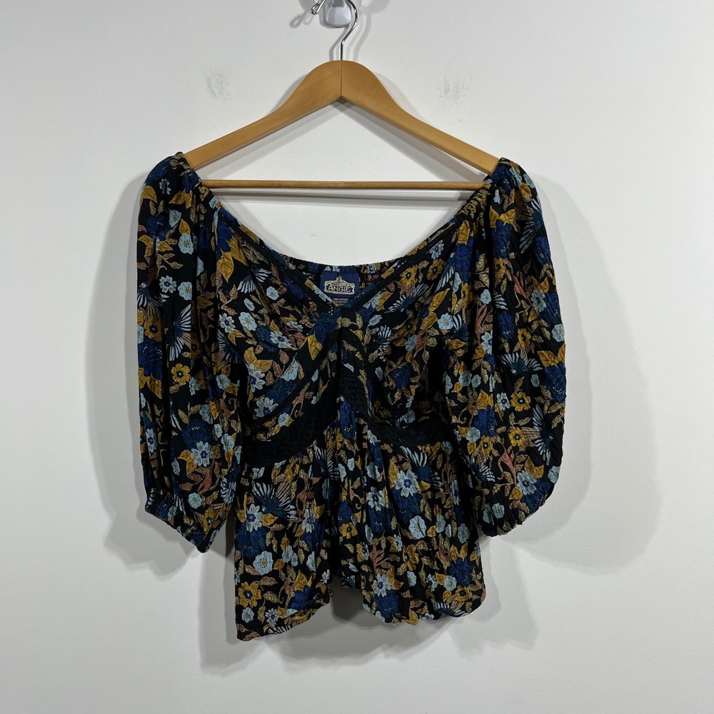 Angie Y2K Floral Babydoll Top Womens Small Smocked Boho Puff Sleeve Dark Cottage